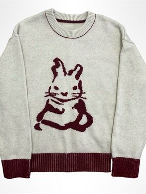 Cute Vintage Style Knit Rabbit Graphic Sweater Beige & Maroon Trim